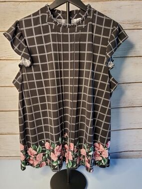 Elle Black Windowpane Blouse with Pink Floral Hem